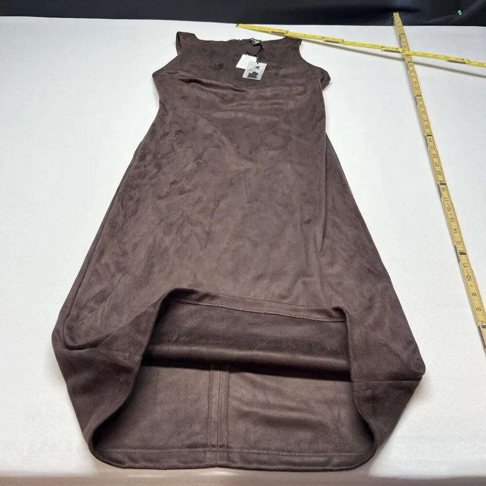 Brown Faux Suede Leather Midi Maxi Dress - Picture 6 of 11